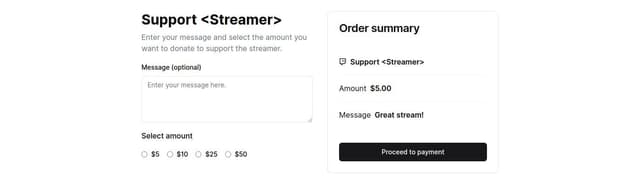 Twitch stream donation page with two columns. First, where the user can ...