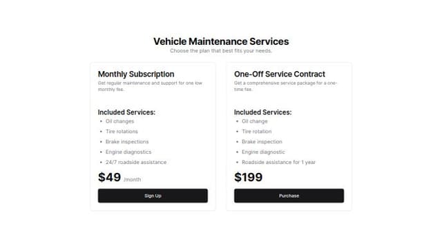 A screen for applying vehicle maintenance services with two options ...