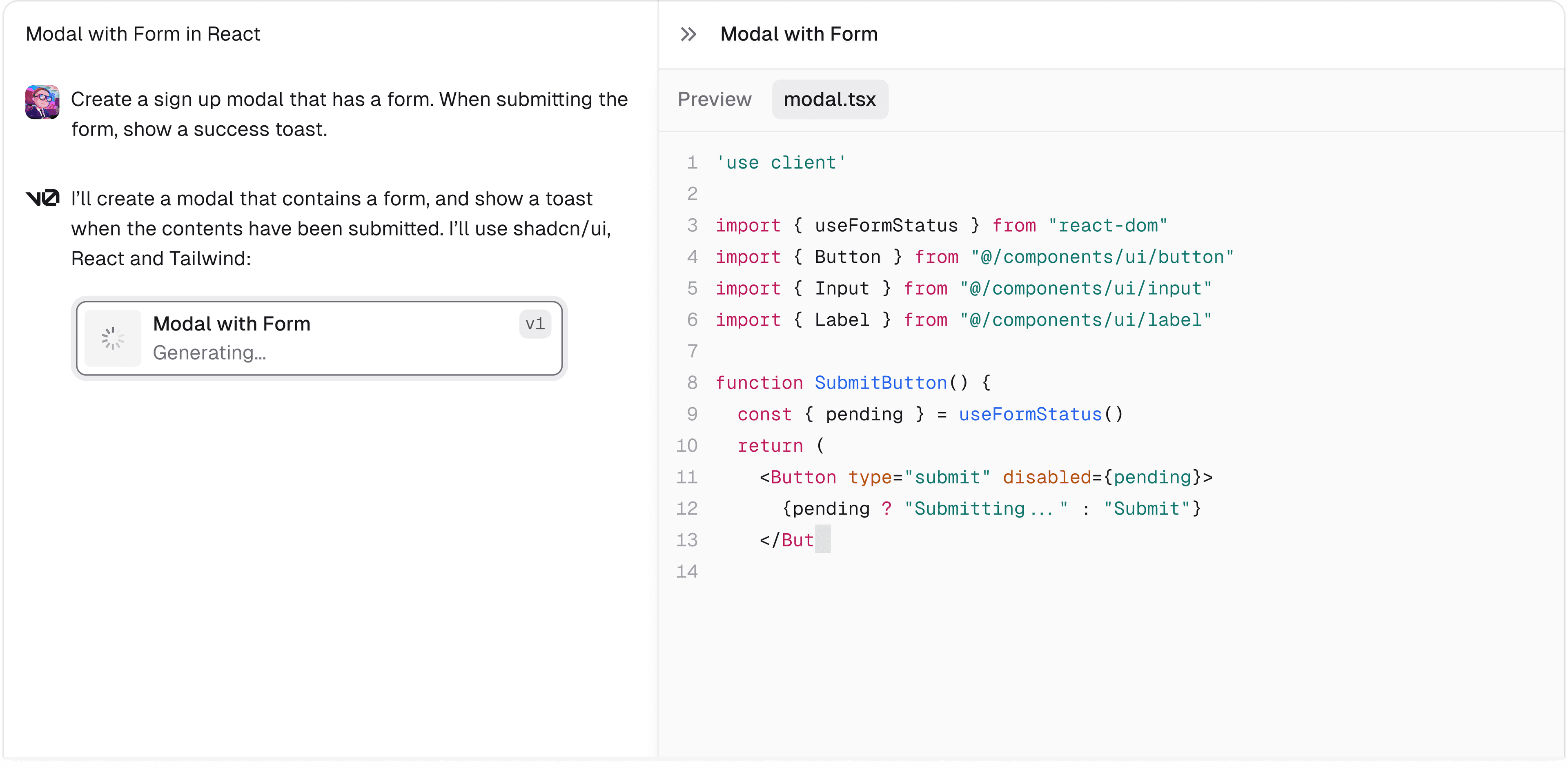 v0 interface showing AI-powered code generation tools and development workspace