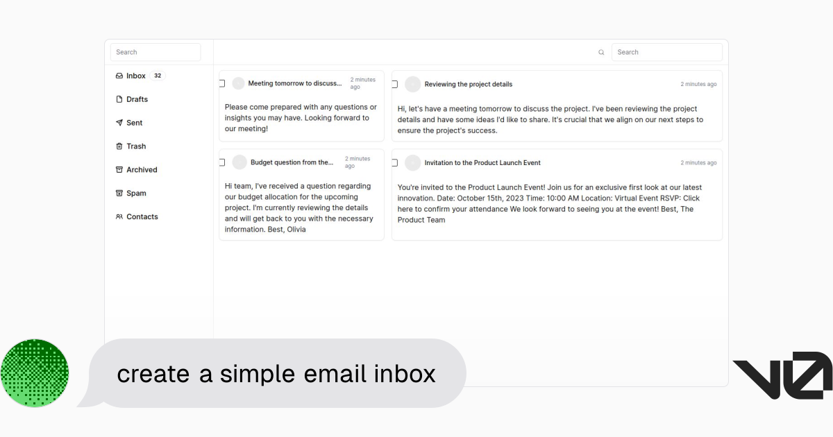 create a simple email inbox | A shadcn/ui and v0 generation - v0