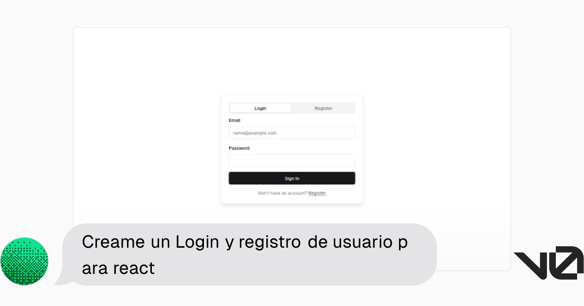 Creame un login y registro de usuario para react a shadcn ui and v0