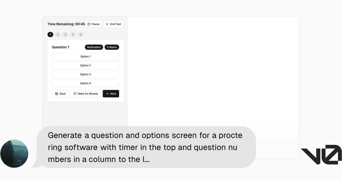 Generate a question and options screen for a proctering software with ...