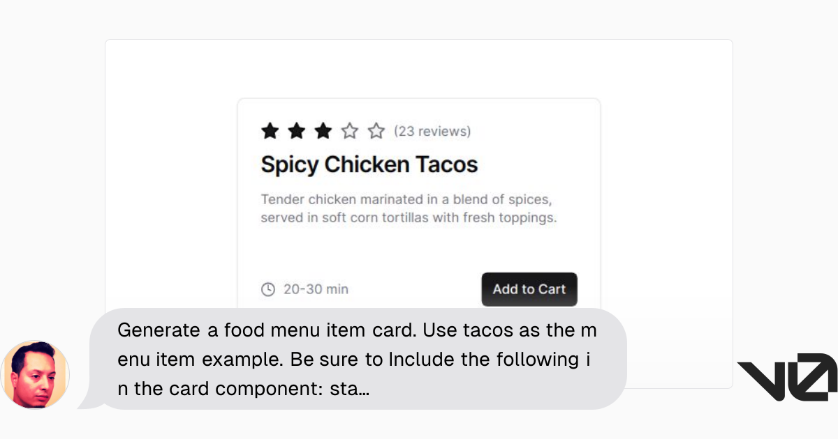Generate a food menu item card. Use tacos as the menu item example. Be ...