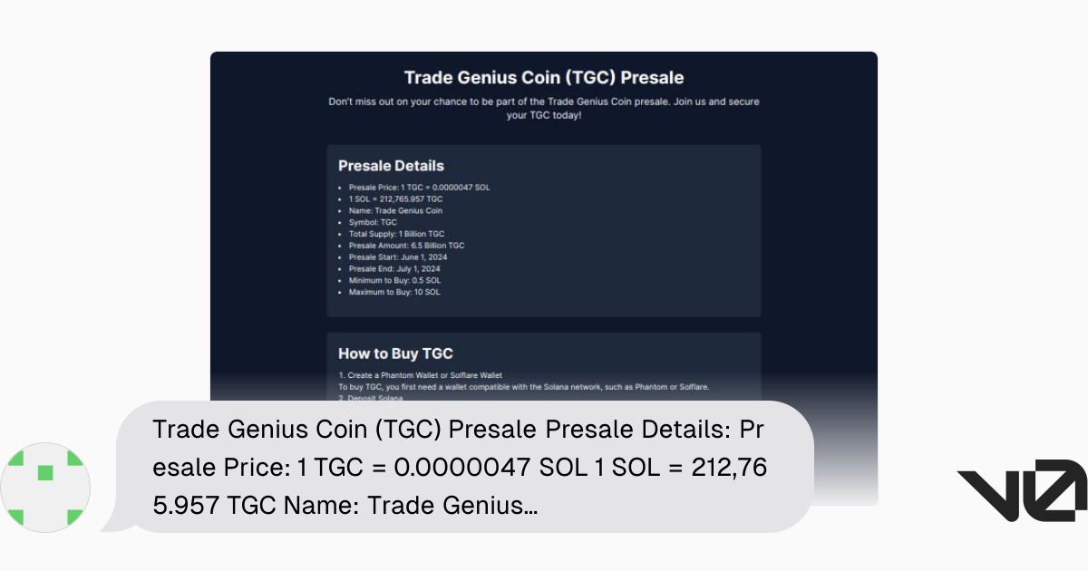 Trade Genius Coin (TGC) Presale Presale Details: Presale Price: 1 TGC ...