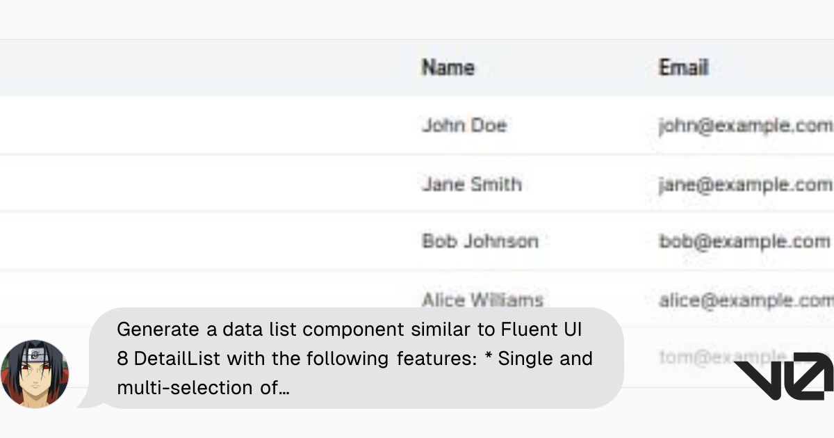 Generate a data list component similar to Fluent UI 8 DetailList with ...
