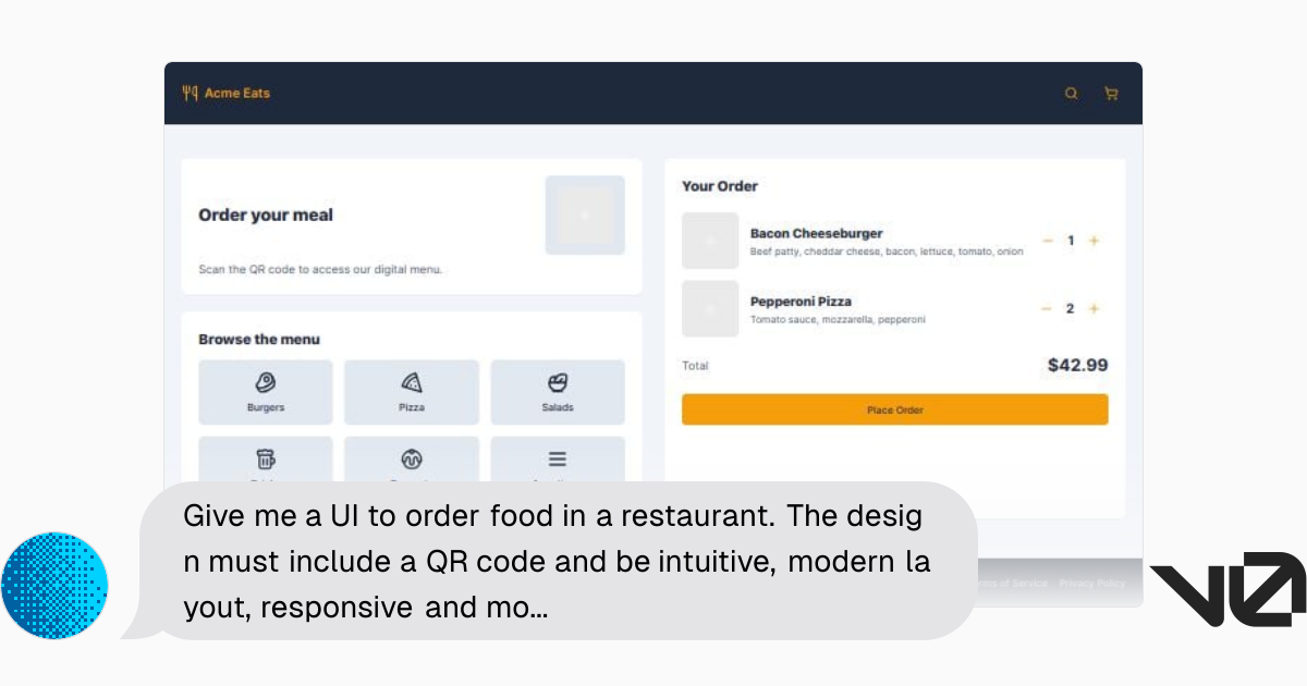 Give me a UI to order food in a restaurant. The design must include a ...